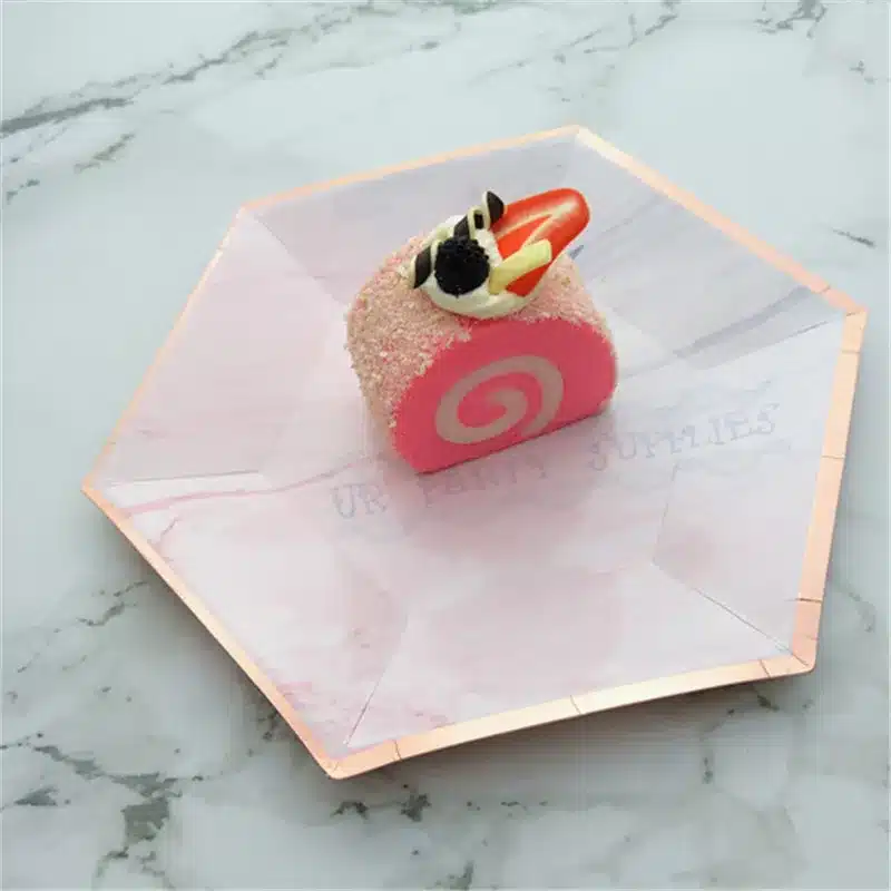 64pcs Paper Plates Party Supplies for Appetizer Lunch Dinner and Dessert Kids Birthday Party Favors Rose Gold Foil Pink Marble 6