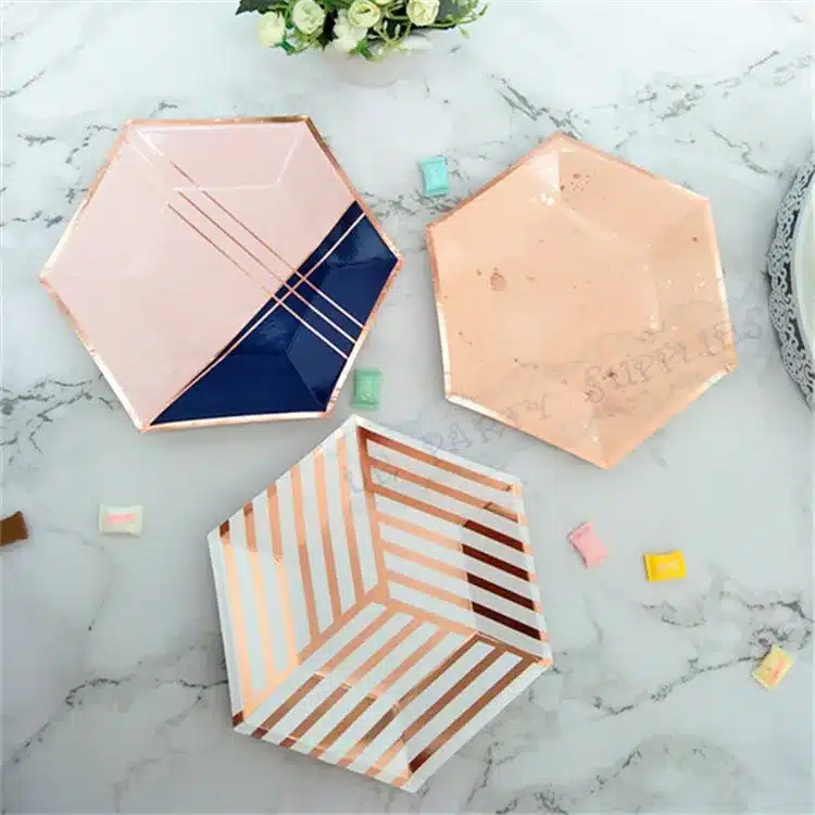 64pcs Paper Plates Party Supplies for Appetizer Lunch Dinner and Dessert Kids Birthday Party Favors Rose Gold Foil Pink Marble 7