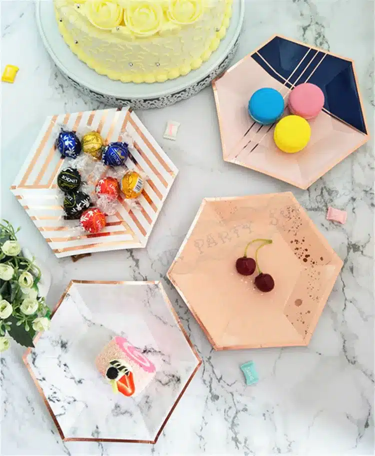 64pcs Paper Plates Party Supplies for Appetizer Lunch Dinner and Dessert Kids Birthday Party Favors Rose Gold Foil Pink Marble 8