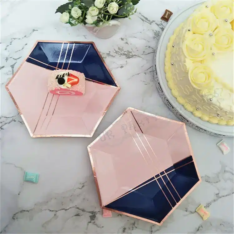 64pcs Paper Plates Party Supplies for Appetizer Lunch Dinner and Dessert Kids Birthday Party Favors Rose Gold Foil Pink Marble 12