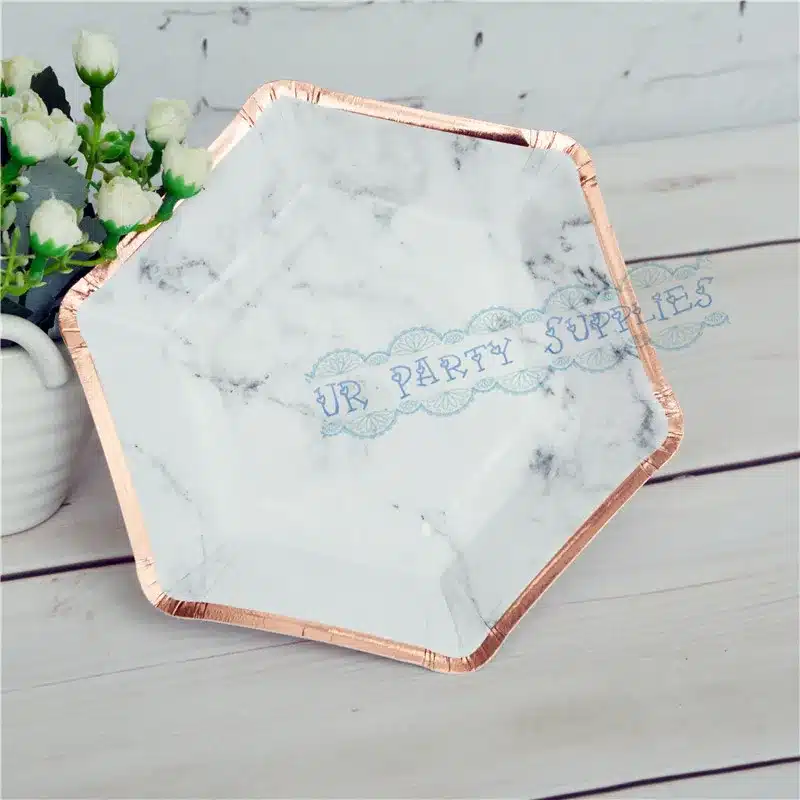 64pcs Paper Plates Party Supplies for Appetizer Lunch Dinner and Dessert Kids Birthday Party Favors Rose Gold Foil Pink Marble 17