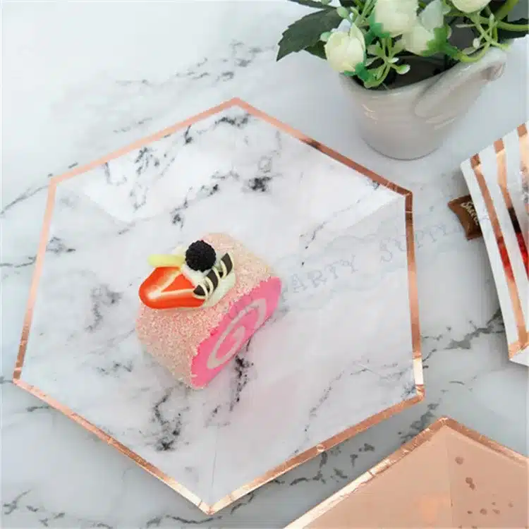 64pcs Paper Plates Party Supplies for Appetizer Lunch Dinner and Dessert Kids Birthday Party Favors Rose Gold Foil Pink Marble 18