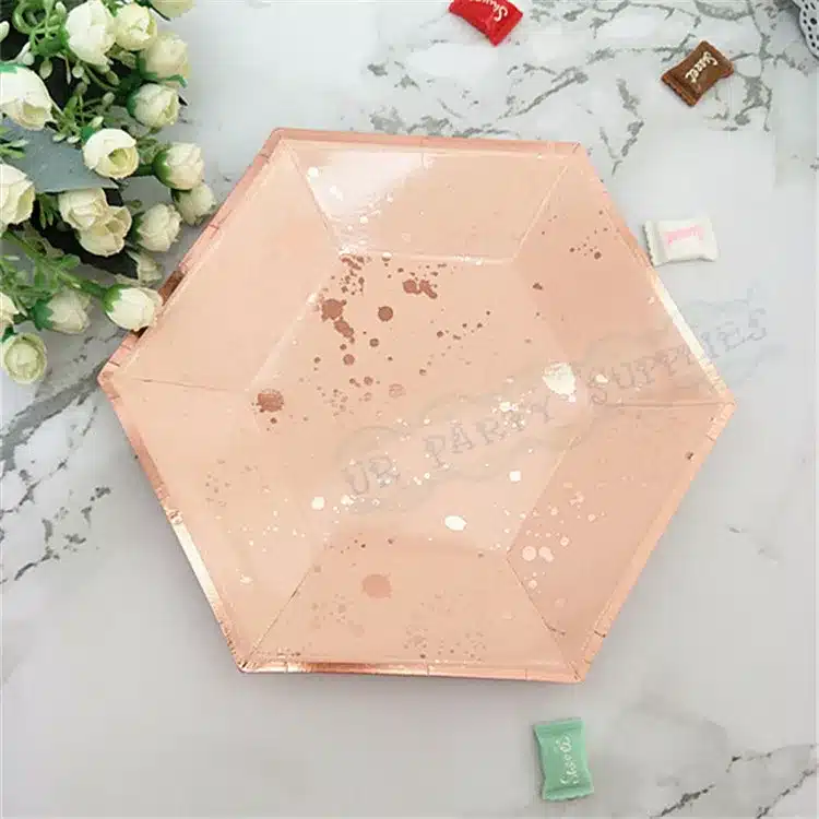 64pcs Paper Plates Party Supplies for Appetizer Lunch Dinner and Dessert Kids Birthday Party Favors Rose Gold Foil Pink Marble 19