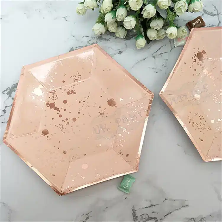 64pcs Paper Plates Party Supplies for Appetizer Lunch Dinner and Dessert Kids Birthday Party Favors Rose Gold Foil Pink Marble 20