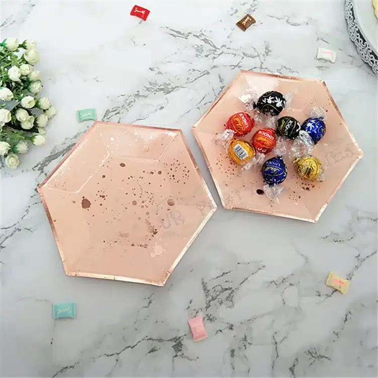 64pcs Paper Plates Party Supplies for Appetizer Lunch Dinner and Dessert Kids Birthday Party Favors Rose Gold Foil Pink Marble 21
