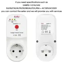 Kaks valget automaatset pinge kaitselülitit, ühelt küljelt on näha eesmine lülitusnupp ja toimimise märgutuled, teiselt küljelt tehnilised andmed. Mõeldud elektriseadmete kaitseks liigpingete vastu.