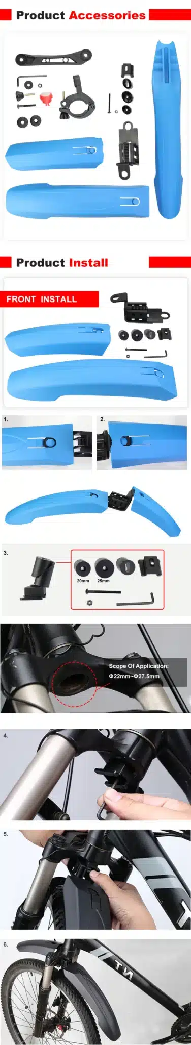 PCycling Bicycle Mudguard Front/Rear Quick Release Fenders Road Bike MTB Fender Mud Guard Wings Parts With Taillight LED 3