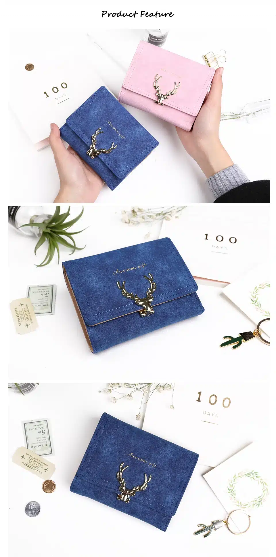 2018 Latest Christmas Deer Women Leather Wallet VintageTri-Folds Luxury Cash Purse Girl Small Black Clutch coin purses holders 20