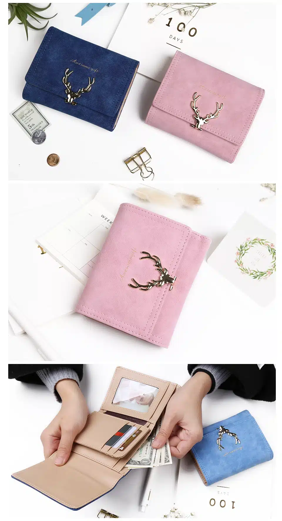 2018 Latest Christmas Deer Women Leather Wallet VintageTri-Folds Luxury Cash Purse Girl Small Black Clutch coin purses holders 21