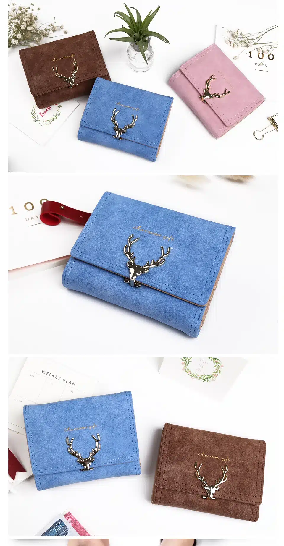 2018 Latest Christmas Deer Women Leather Wallet VintageTri-Folds Luxury Cash Purse Girl Small Black Clutch coin purses holders 22