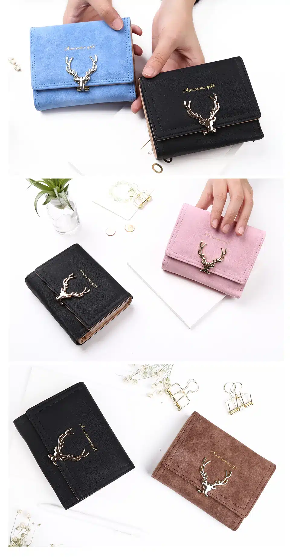 2018 Latest Christmas Deer Women Leather Wallet VintageTri-Folds Luxury Cash Purse Girl Small Black Clutch coin purses holders 23