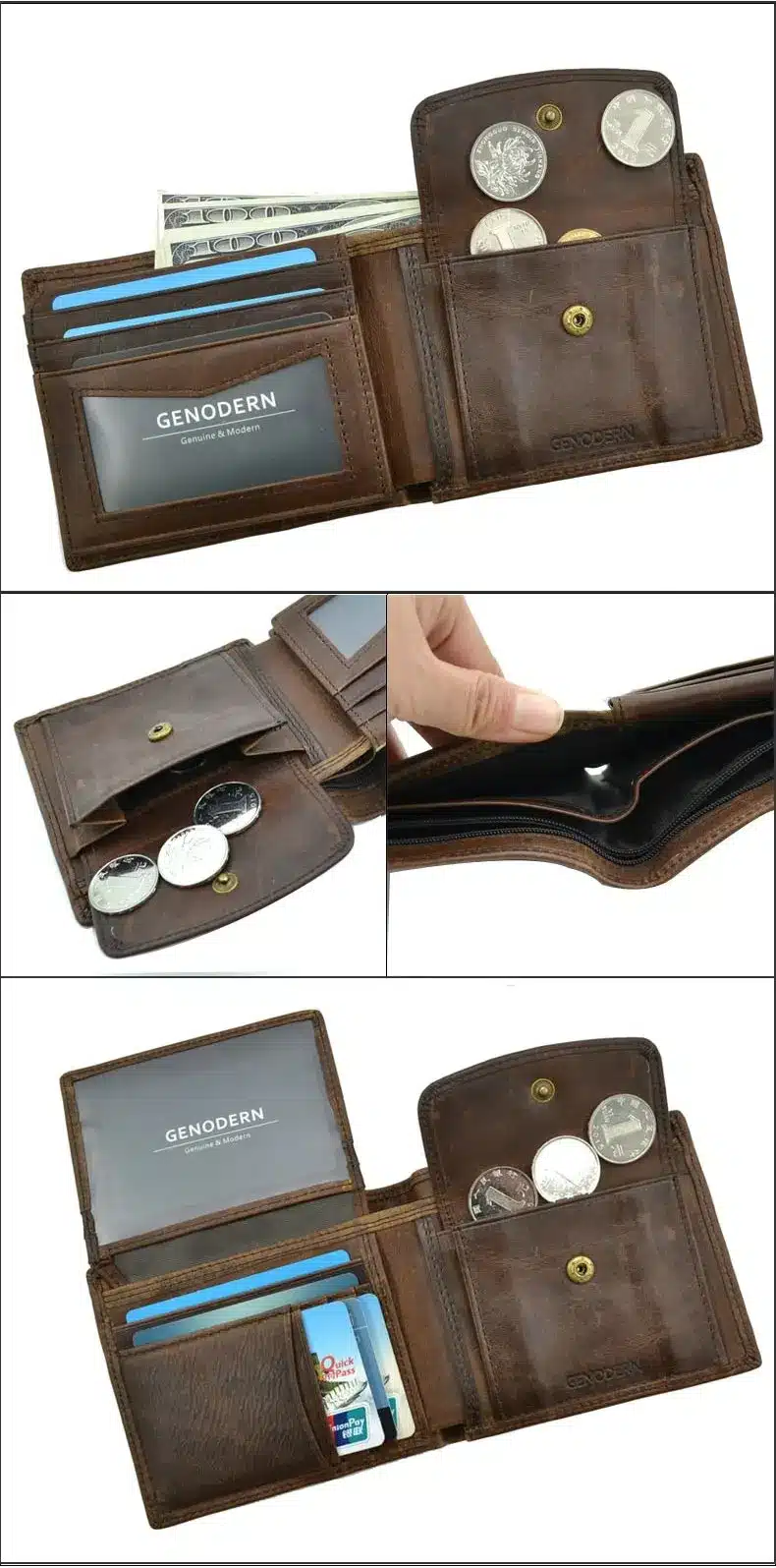 GENODERN Cow Leather Men Wallets with Coin Pocket Vintage Male Purse Function Brown Genuine Leather Men Wallet with Card Holders 11