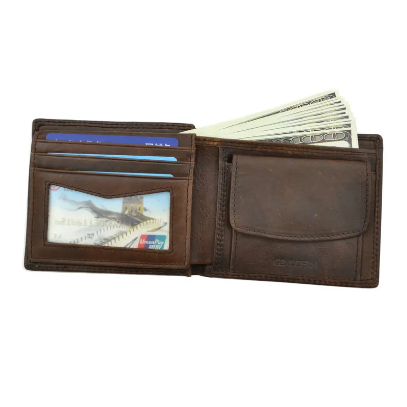 GENODERN Cow Leather Men Wallets with Coin Pocket Vintage Male Purse Function Brown Genuine Leather Men Wallet with Card Holders 12