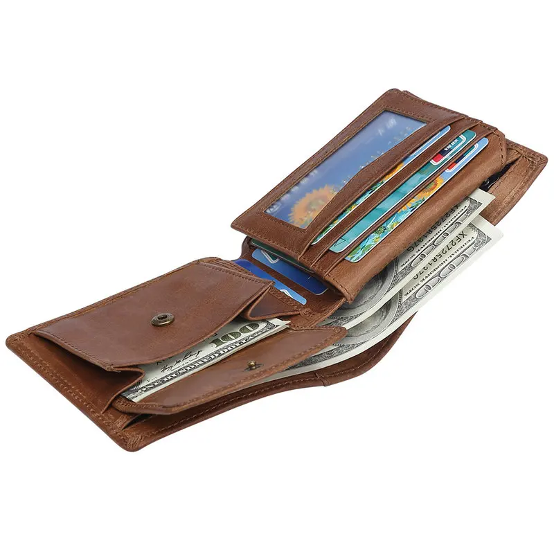 GENODERN Cow Leather Men Wallets with Coin Pocket Vintage Male Purse Function Brown Genuine Leather Men Wallet with Card Holders 26