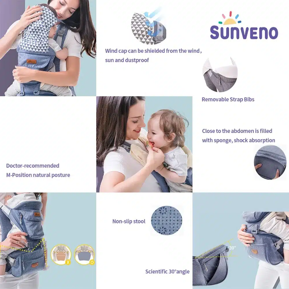 SUNVENO Ergonomic Baby Carrier Infant Baby Hipseat Carrier Front Facing Ergonomic Kangaroo Baby Wrap Sling for Baby Travel 0-36M 13