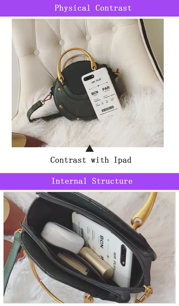 Women Totes Bag Fashion Circular Leather Retro Brand Metal Ring Handbag For Girl Small Round Lady Shoulder Messenger Bags SAJOSE 7