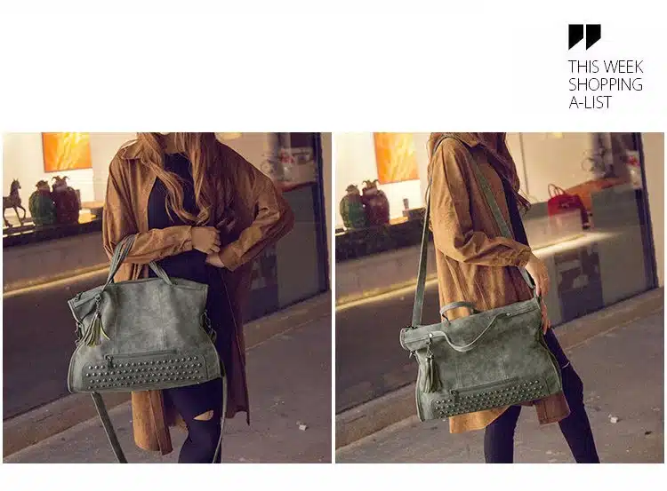 Bolish Rivet Vintage PU Leather Female Handbag Fashion Tassel Messenger Bag Women Shoulder Bag Larger Top-Handle Bags Travel Bag 12