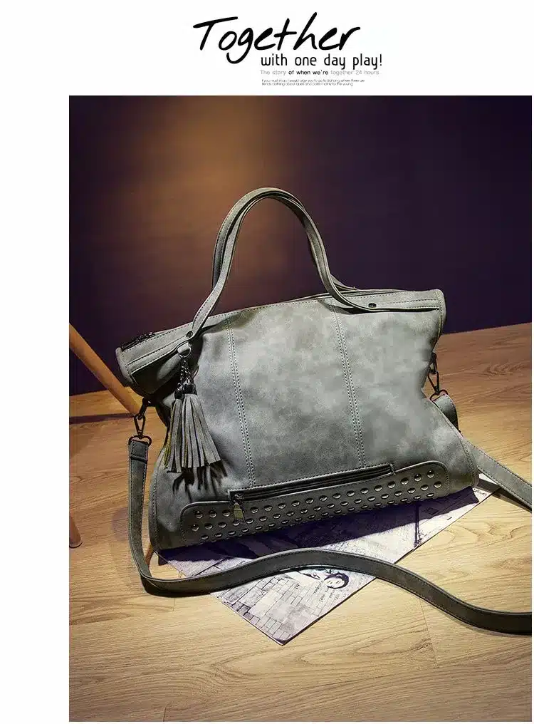 Bolish Rivet Vintage PU Leather Female Handbag Fashion Tassel Messenger Bag Women Shoulder Bag Larger Top-Handle Bags Travel Bag 15