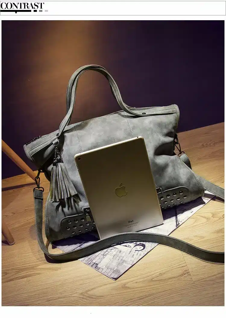 Bolish Rivet Vintage PU Leather Female Handbag Fashion Tassel Messenger Bag Women Shoulder Bag Larger Top-Handle Bags Travel Bag 19