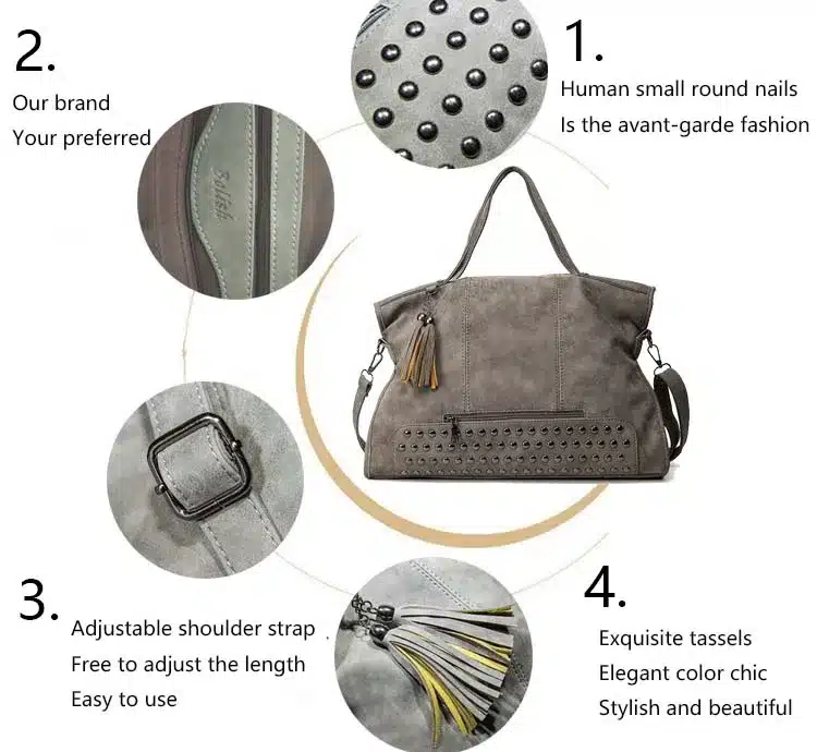 Bolish Rivet Vintage PU Leather Female Handbag Fashion Tassel Messenger Bag Women Shoulder Bag Larger Top-Handle Bags Travel Bag 28