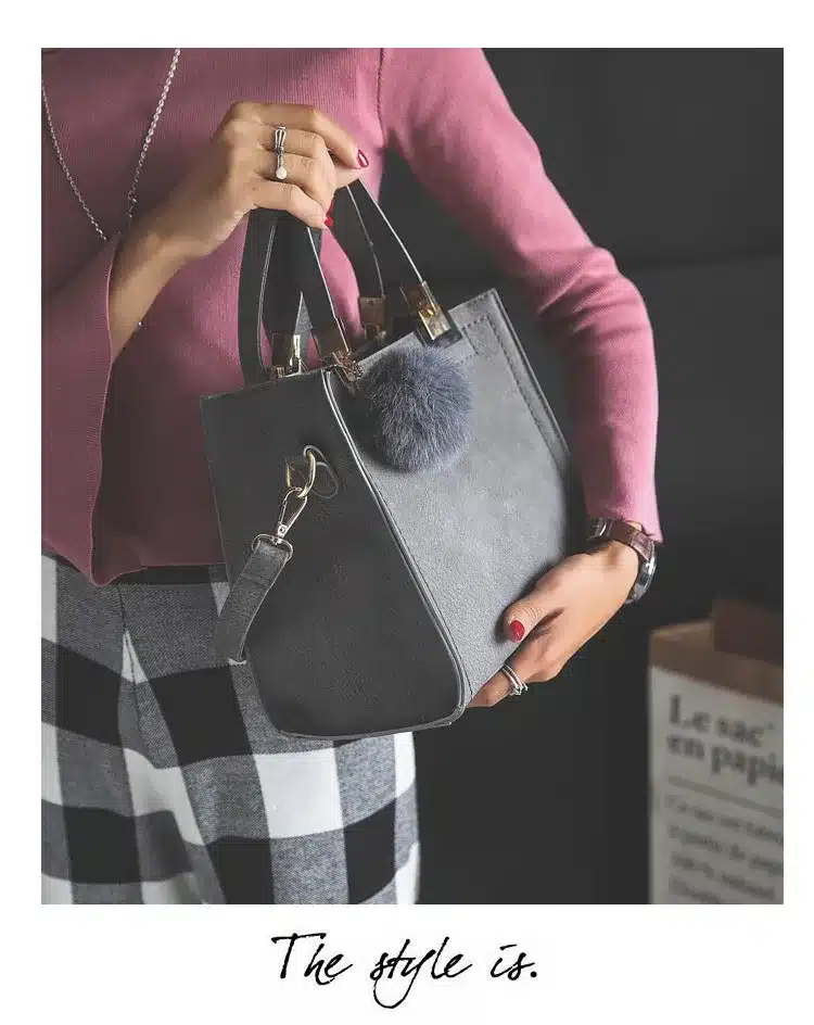 Hot sale handbag women casual tote bag female large shoulder messenger bags high quality PU leather handbag with fur ball bolsa 12