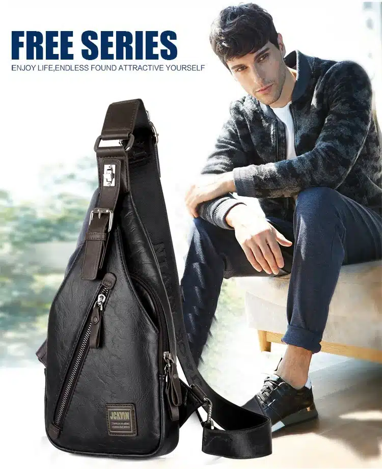 JackKevin Men's Fashion Crossbody Bag Theftproof Rotatable Button Open Leather Chest Bags Men Shoulder Bags Chest Waist Pack 10
