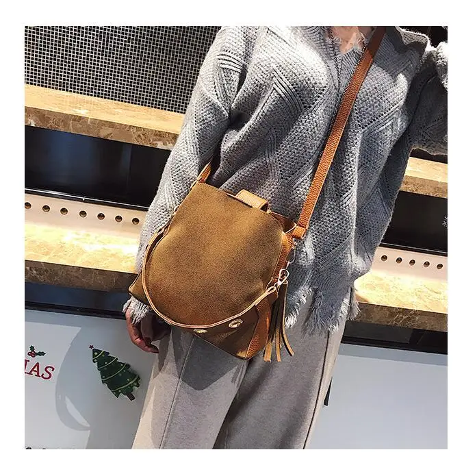 2018 Fashion Scrub Women Bucket Bag Vintage Tassel Messenger Bag High Quality Retro Shoulder Bag Simple Crossbody Bag Tote LB651 13
