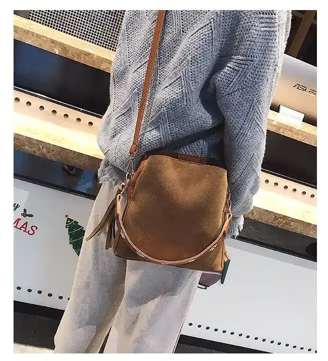 2018 Fashion Scrub Women Bucket Bag Vintage Tassel Messenger Bag High Quality Retro Shoulder Bag Simple Crossbody Bag Tote LB651 14