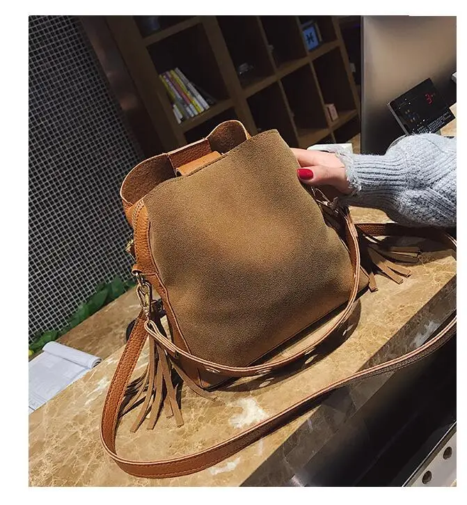 2018 Fashion Scrub Women Bucket Bag Vintage Tassel Messenger Bag High Quality Retro Shoulder Bag Simple Crossbody Bag Tote LB651 16