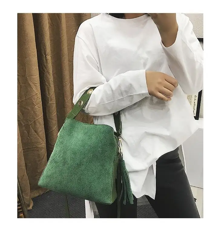 2018 Fashion Scrub Women Bucket Bag Vintage Tassel Messenger Bag High Quality Retro Shoulder Bag Simple Crossbody Bag Tote LB651 17