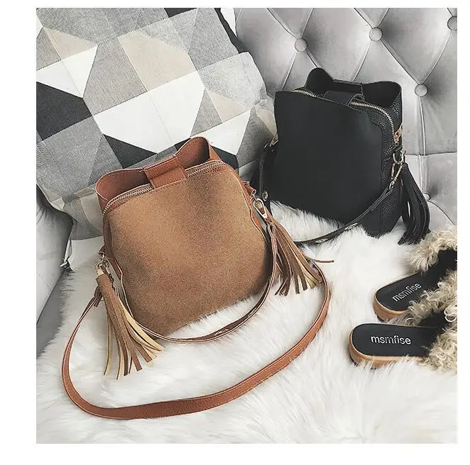 2018 Fashion Scrub Women Bucket Bag Vintage Tassel Messenger Bag High Quality Retro Shoulder Bag Simple Crossbody Bag Tote LB651 22