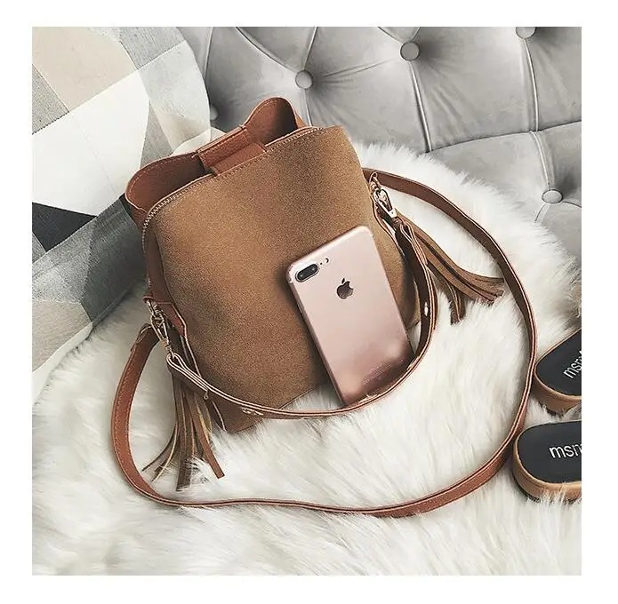2018 Fashion Scrub Women Bucket Bag Vintage Tassel Messenger Bag High Quality Retro Shoulder Bag Simple Crossbody Bag Tote LB651 24