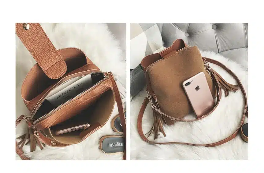 2018 Fashion Scrub Women Bucket Bag Vintage Tassel Messenger Bag High Quality Retro Shoulder Bag Simple Crossbody Bag Tote LB651 25