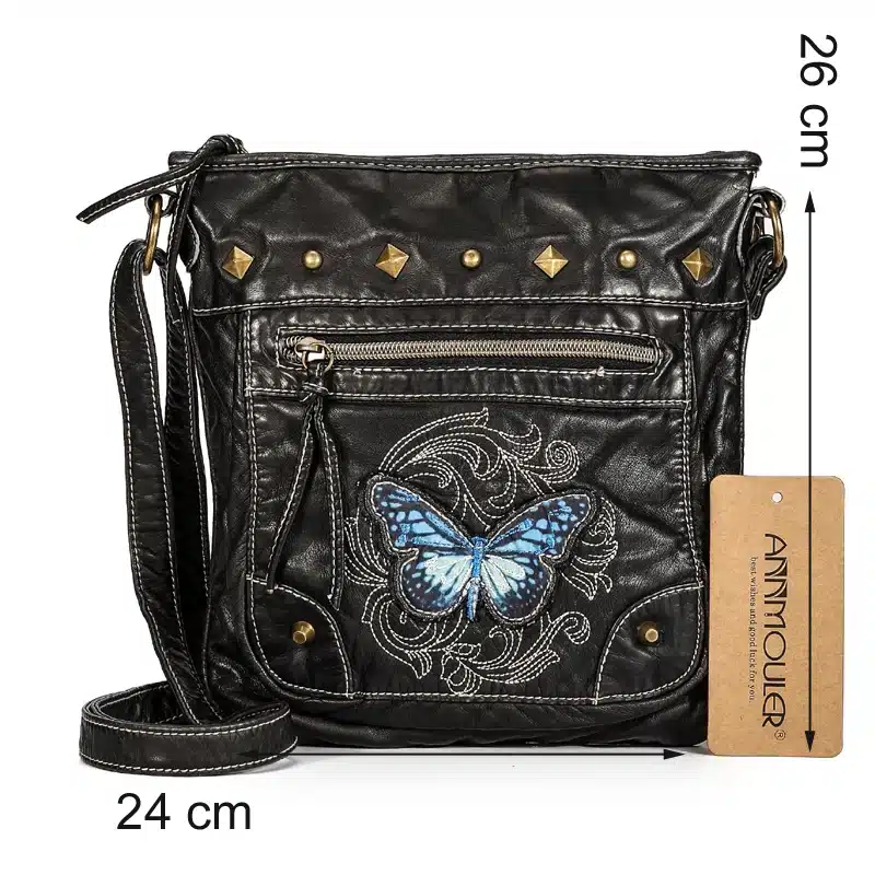 Annmouler Vintage Women Shoulder Bag 2 Colors Crossbody Bag Butterfly Embroidery Soft Messenger Bag for Ladies Pu Leather Purse 11