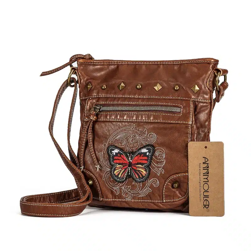 Annmouler Vintage Women Shoulder Bag 2 Colors Crossbody Bag Butterfly Embroidery Soft Messenger Bag for Ladies Pu Leather Purse 14