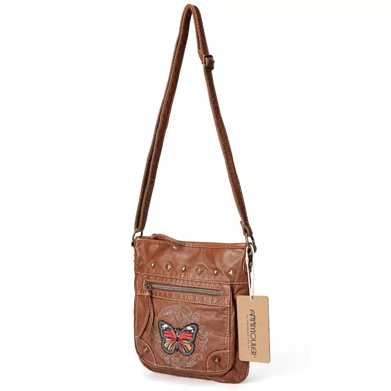 Annmouler Vintage Women Shoulder Bag 2 Colors Crossbody Bag Butterfly Embroidery Soft Messenger Bag for Ladies Pu Leather Purse 20