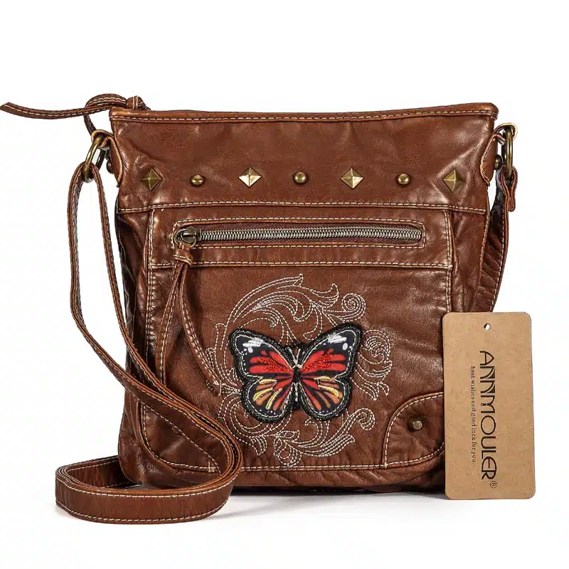 Annmouler Vintage Women Shoulder Bag 2 Colors Crossbody Bag Butterfly Embroidery Soft Messenger Bag for Ladies Pu Leather Purse 29
