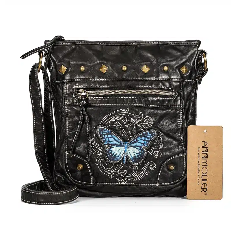Annmouler Vintage Women Shoulder Bag 2 Colors Crossbody Bag Butterfly Embroidery Soft Messenger Bag for Ladies Pu Leather Purse 30