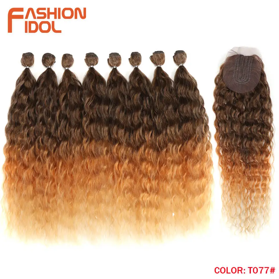 FASHION IDOL Water Wave Hair Bundles With Closure Synthetic Hair Extensions Ombre Blonde Silver Grey Hair 9Pcs/Pack 20inch Fiber 20