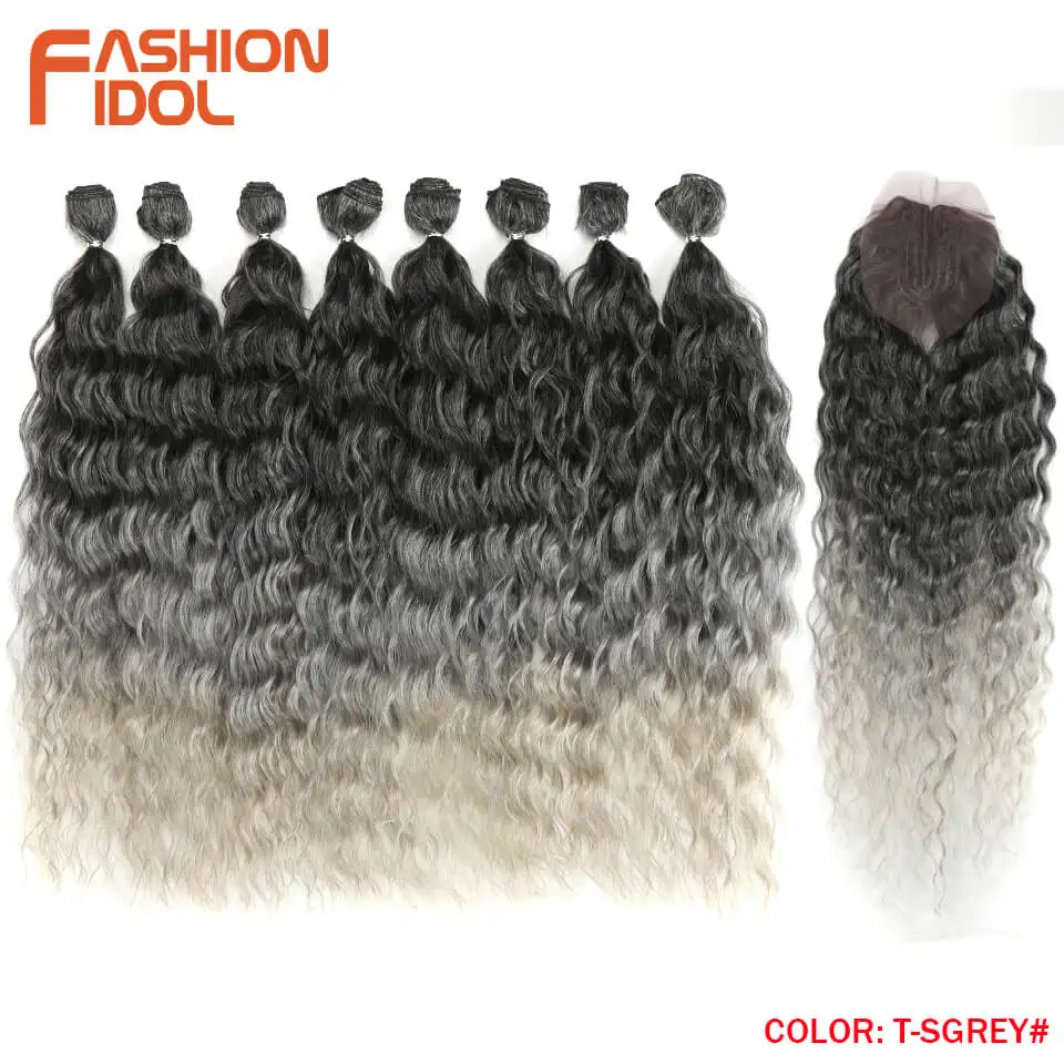 FASHION IDOL Water Wave Hair Bundles With Closure Synthetic Hair Extensions Ombre Blonde Silver Grey Hair 9Pcs/Pack 20inch Fiber 22