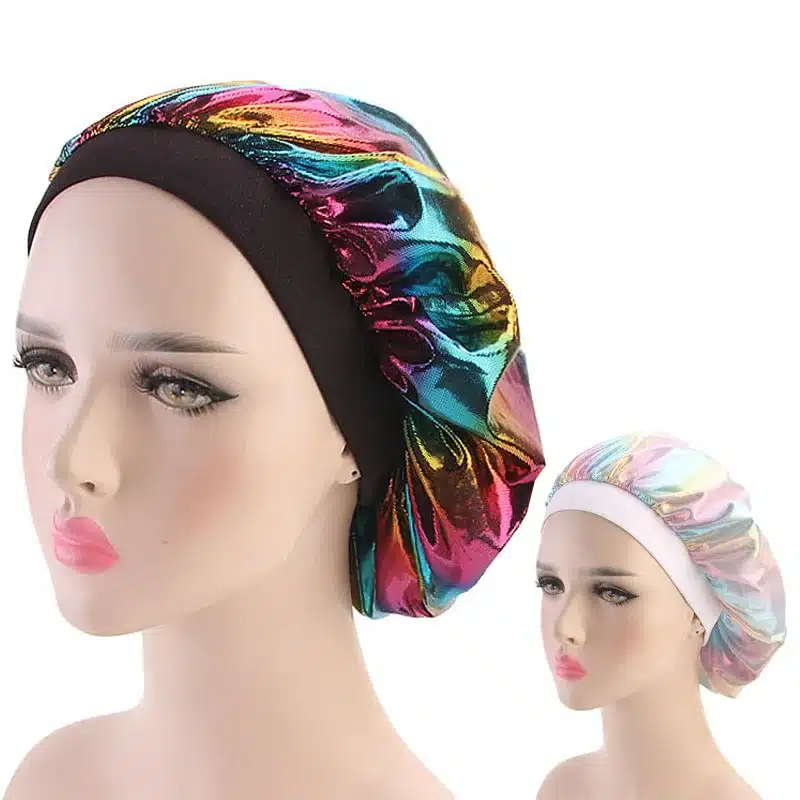 Colorful Women Laser Silky DU-RAG Hair Cover Accessories Wave Caps Rags Wide Band Bonnet Salon Hat Turban Durag doo rag Headwrap 23