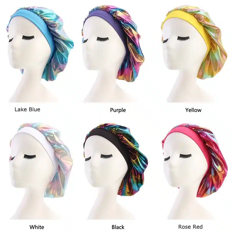 Colorful Women Laser Silky DU-RAG Hair Cover Accessories Wave Caps Rags Wide Band Bonnet Salon Hat Turban Durag doo rag Headwrap 24