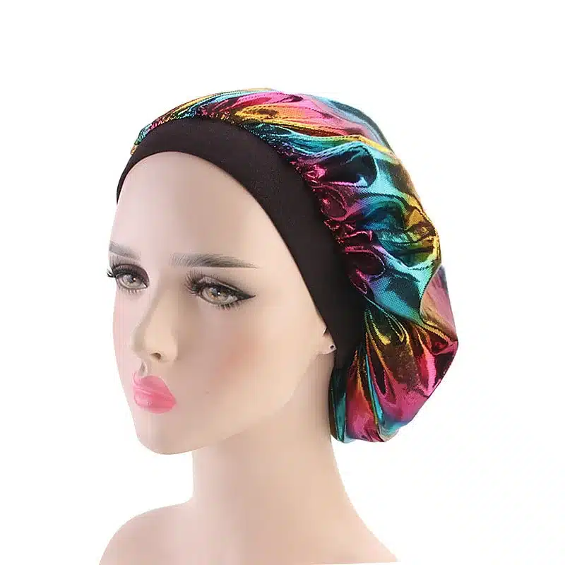 Colorful Women Laser Silky DU-RAG Hair Cover Accessories Wave Caps Rags Wide Band Bonnet Salon Hat Turban Durag doo rag Headwrap 34