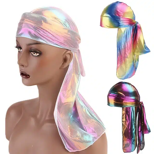 Colorful Women Laser Silky DU-RAG Hair Cover Accessories Wave Caps Rags Wide Band Bonnet Salon Hat Turban Durag doo rag Headwrap 46