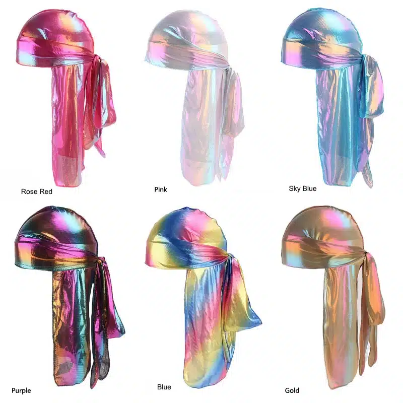 Colorful Women Laser Silky DU-RAG Hair Cover Accessories Wave Caps Rags Wide Band Bonnet Salon Hat Turban Durag doo rag Headwrap 47