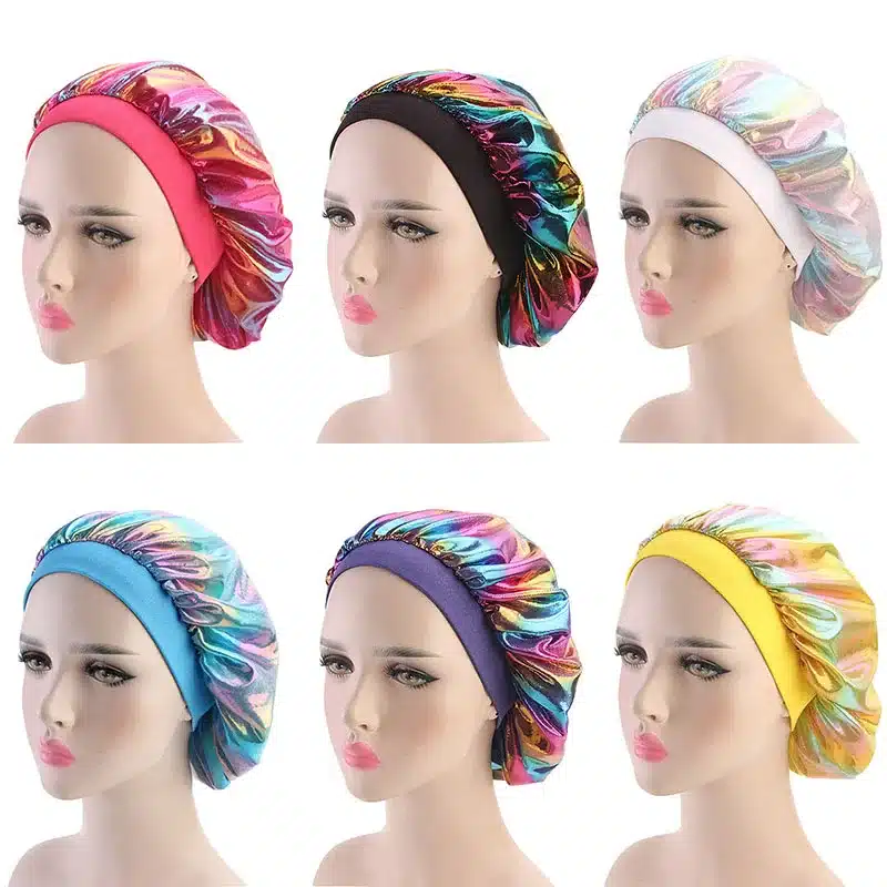 Colorful Women Laser Silky DU-RAG Hair Cover Accessories Wave Caps Rags Wide Band Bonnet Salon Hat Turban Durag doo rag Headwrap 63