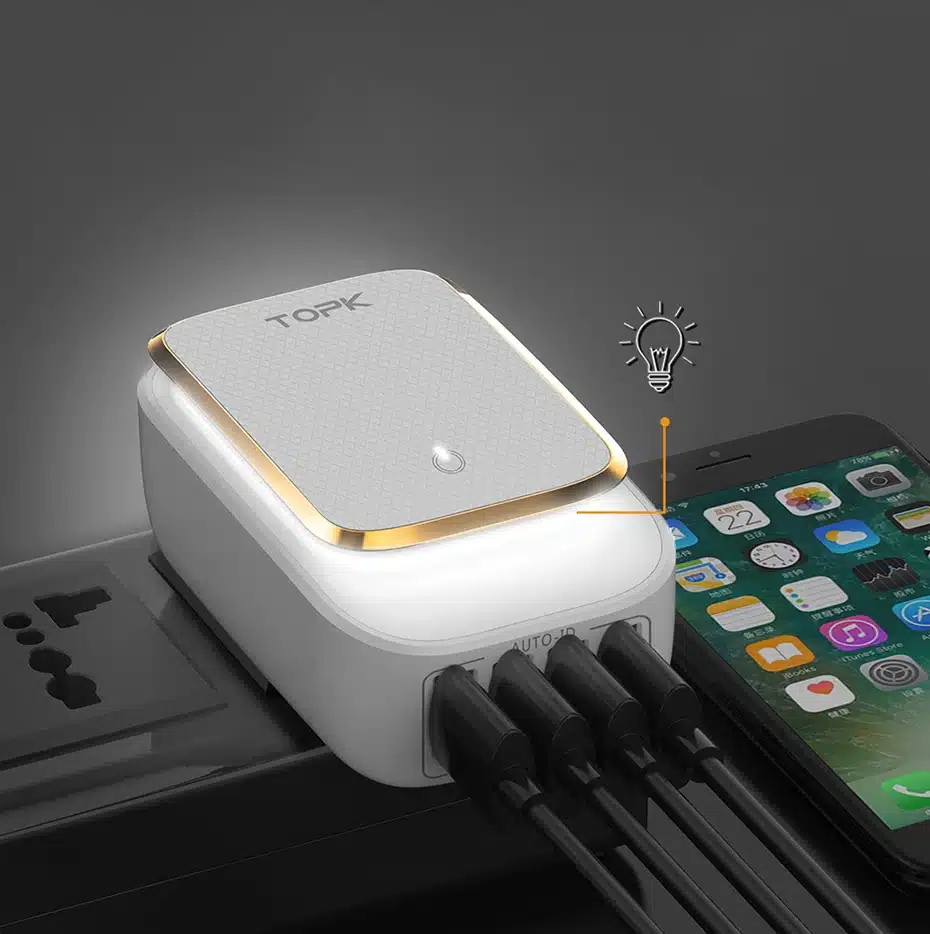 TOPK L-Power 4-Port 4.4A(Max) 22W EU USB Charger Adapter LED Lamp Auto-ID Portable Phone Travel Wall Charger for iPhone Samsung 4
