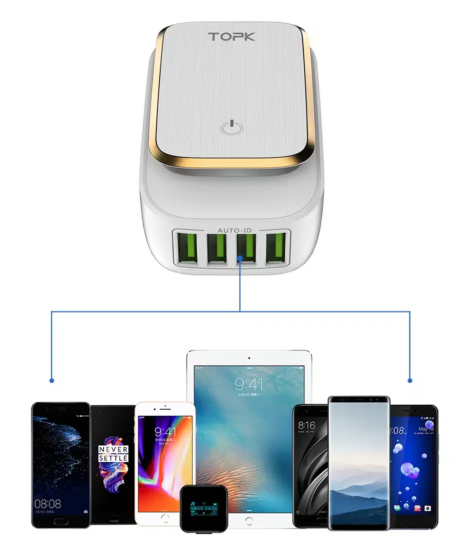 TOPK L-Power 4-Port 4.4A(Max) 22W EU USB Charger Adapter LED Lamp Auto-ID Portable Phone Travel Wall Charger for iPhone Samsung 7