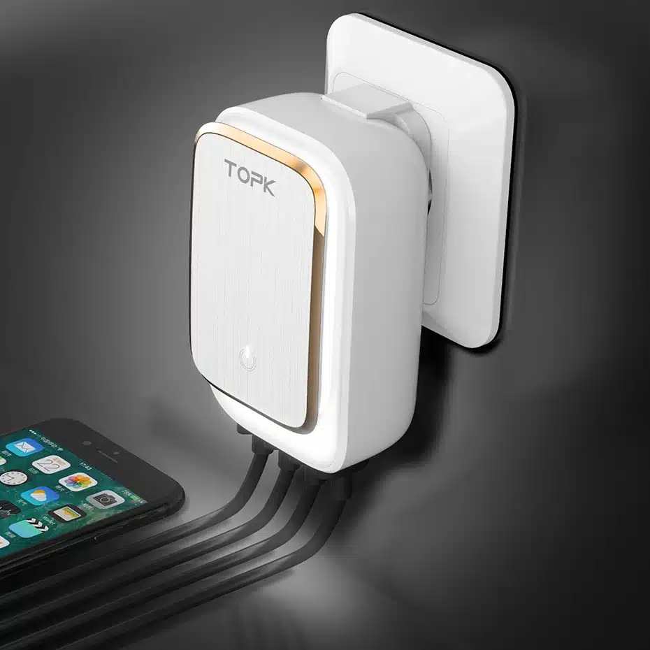 TOPK L-Power 4-Port 4.4A(Max) 22W EU USB Charger Adapter LED Lamp Auto-ID Portable Phone Travel Wall Charger for iPhone Samsung 12