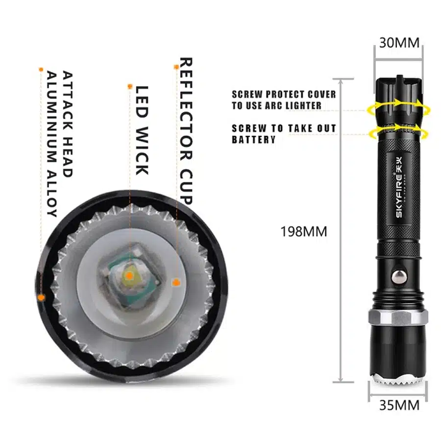 SKYFIRE Arc Lighter LED Flashlight Self Defense Attack Head Zoomable Torch lights lanterna Rechargeable 18650 Battery and Mount 11